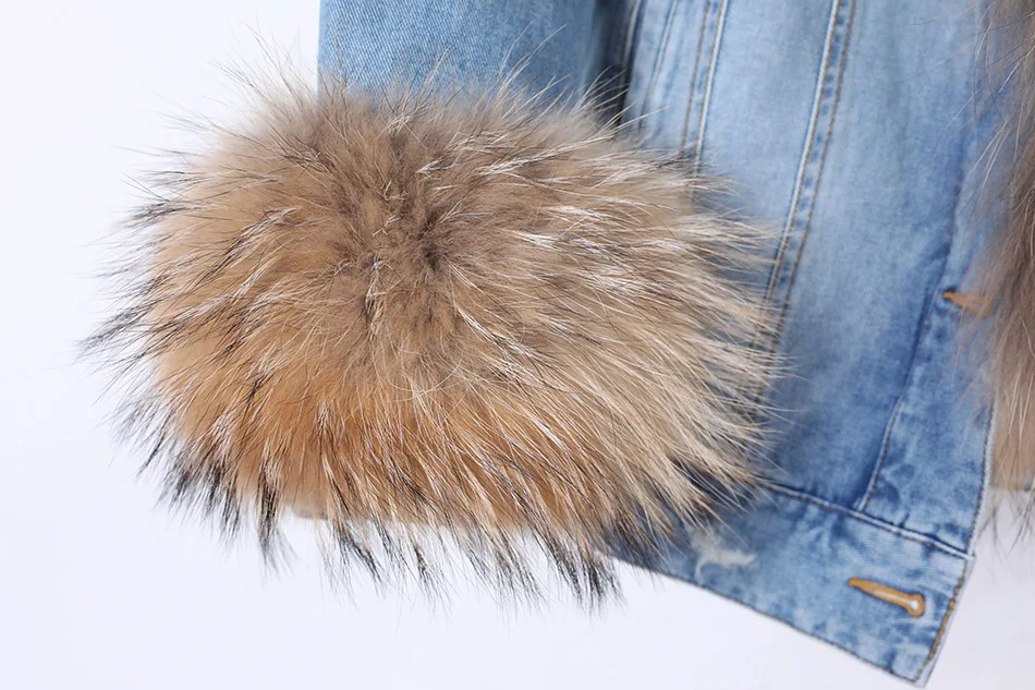 2025Maomaokong Denim Jacket Parka Winter Women Parkas Real Fur Collar Coat Natural Raccoon Fur Hood Real Rabbit Fur Liner Luxury