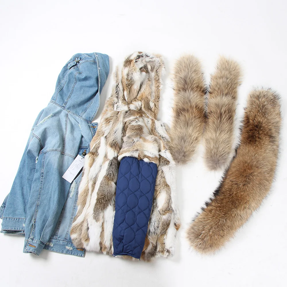 2025Maomaokong Denim Jacket Parka Winter Women Parkas Real Fur Collar Coat Natural Raccoon Fur Hood Real Rabbit Fur Liner Luxury