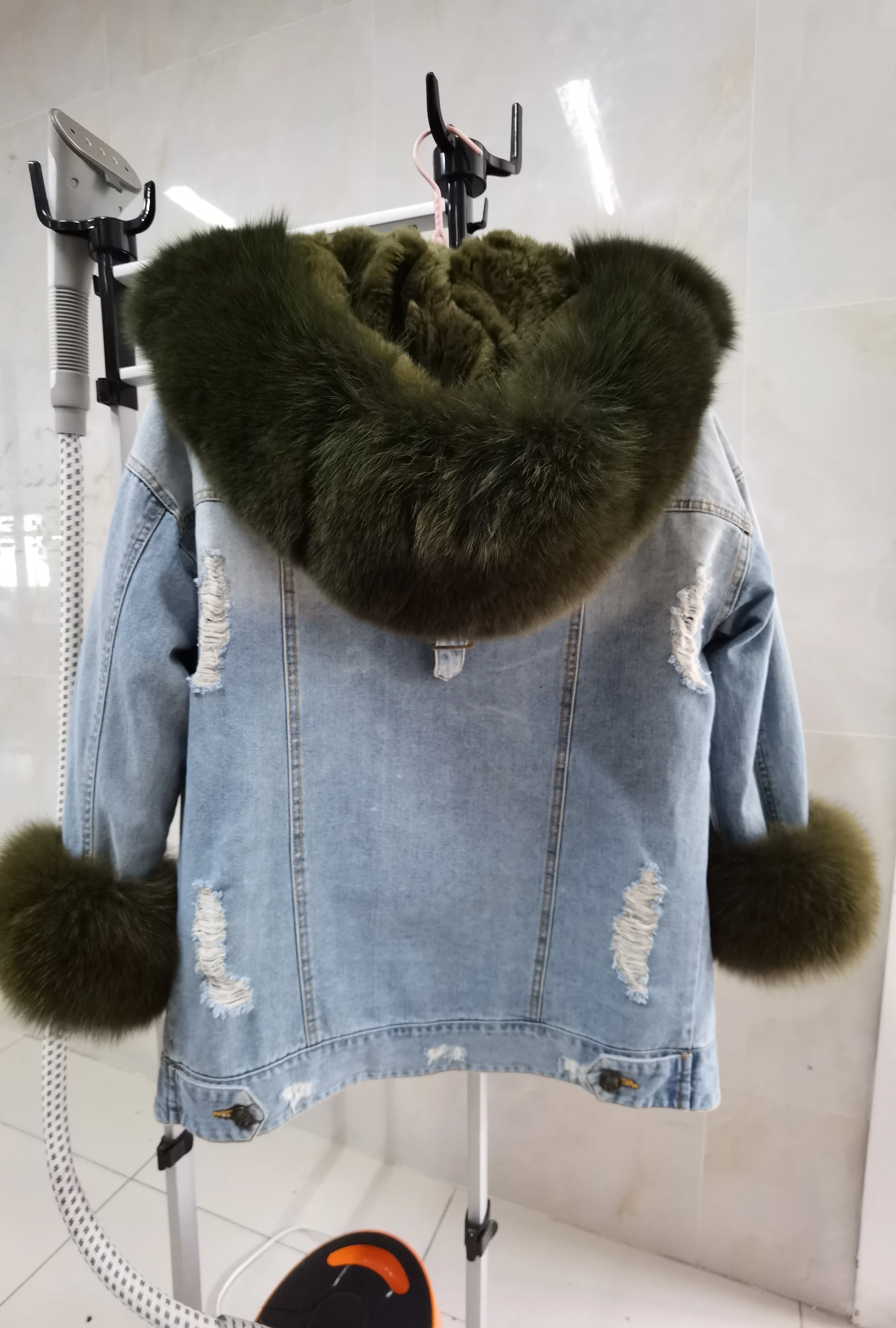 2025Maomaokong Denim Jacket Parka Winter Women Parkas Real Fur Collar Coat Natural Raccoon Fur Hood Real Rabbit Fur Liner Luxury