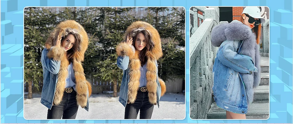 2025Maomaokong Denim Jacket Parka Winter Women Parkas Real Fur Collar Coat Natural Raccoon Fur Hood Real Rabbit Fur Liner Luxury
