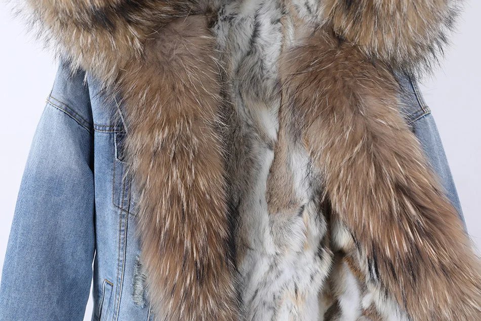 2025Maomaokong Denim Jacket Parka Winter Women Parkas Real Fur Collar Coat Natural Raccoon Fur Hood Real Rabbit Fur Liner Luxury