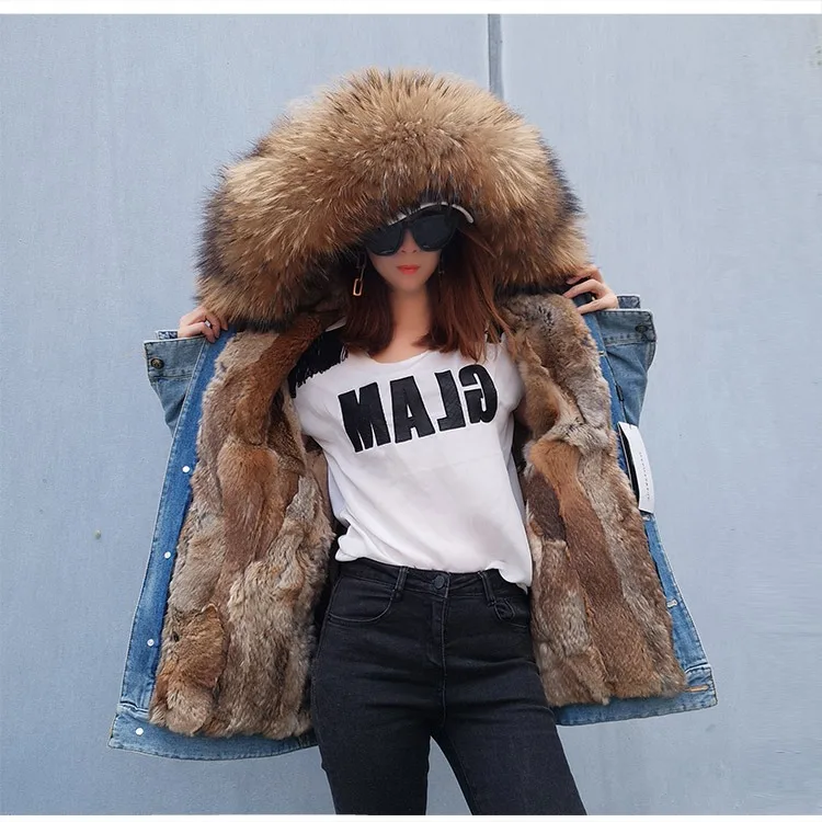 2025Maomaokong Denim Jacket Parka Winter Women Parkas Real Fur Collar Coat Natural Raccoon Fur Hood Real Rabbit Fur Liner Luxury
