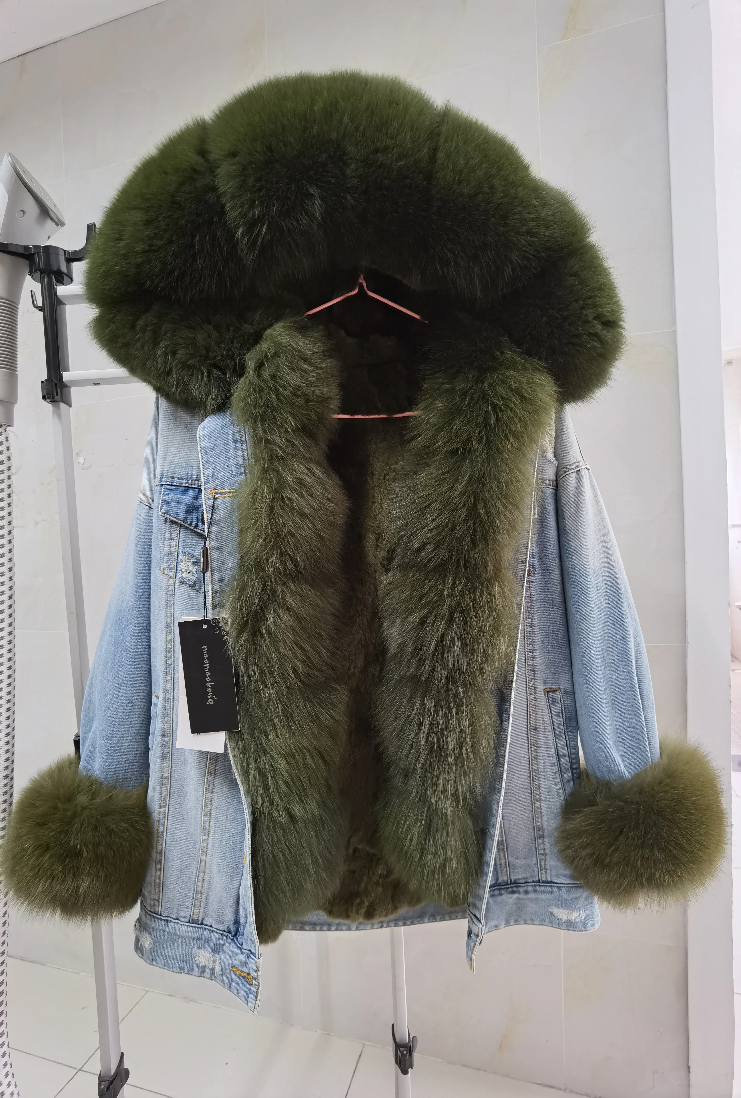 2025Maomaokong Denim Jacket Parka Winter Women Parkas Real Fur Collar Coat Natural Raccoon Fur Hood Real Rabbit Fur Liner Luxury
