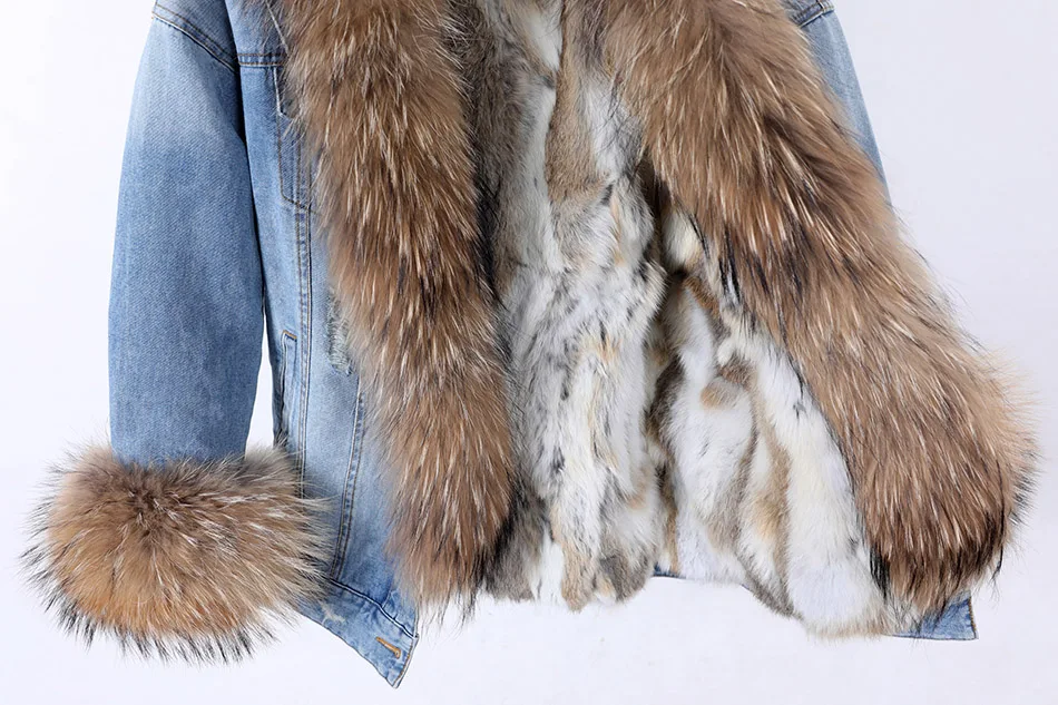 2025Maomaokong Denim Jacket Parka Winter Women Parkas Real Fur Collar Coat Natural Raccoon Fur Hood Real Rabbit Fur Liner Luxury