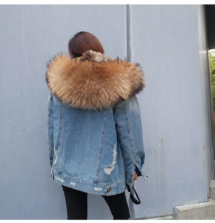 2025Maomaokong Denim Jacket Parka Winter Women Parkas Real Fur Collar Coat Natural Raccoon Fur Hood Real Rabbit Fur Liner Luxury