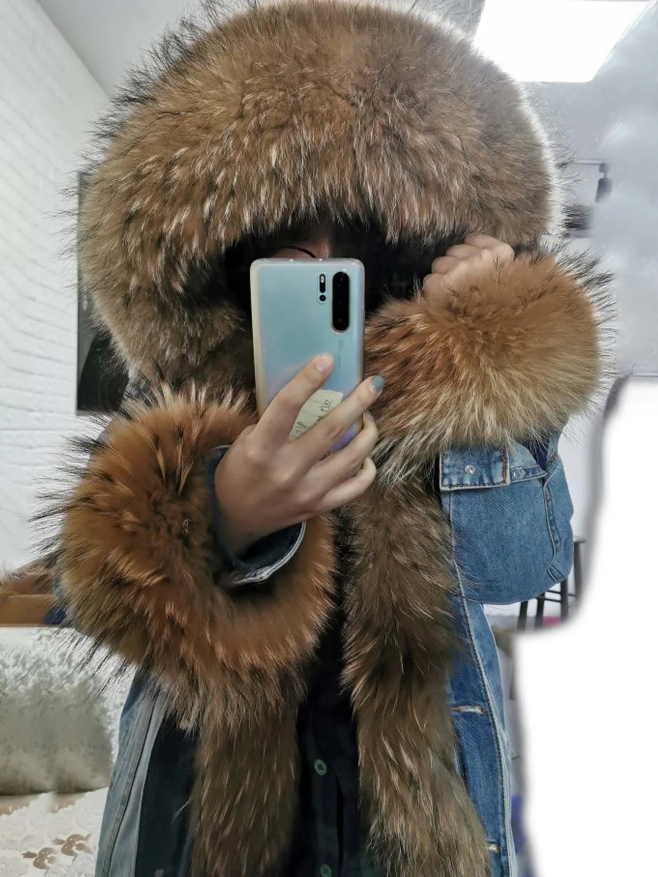 2025Maomaokong Denim Jacket Parka Winter Women Parkas Real Fur Collar Coat Natural Raccoon Fur Hood Real Rabbit Fur Liner Luxury