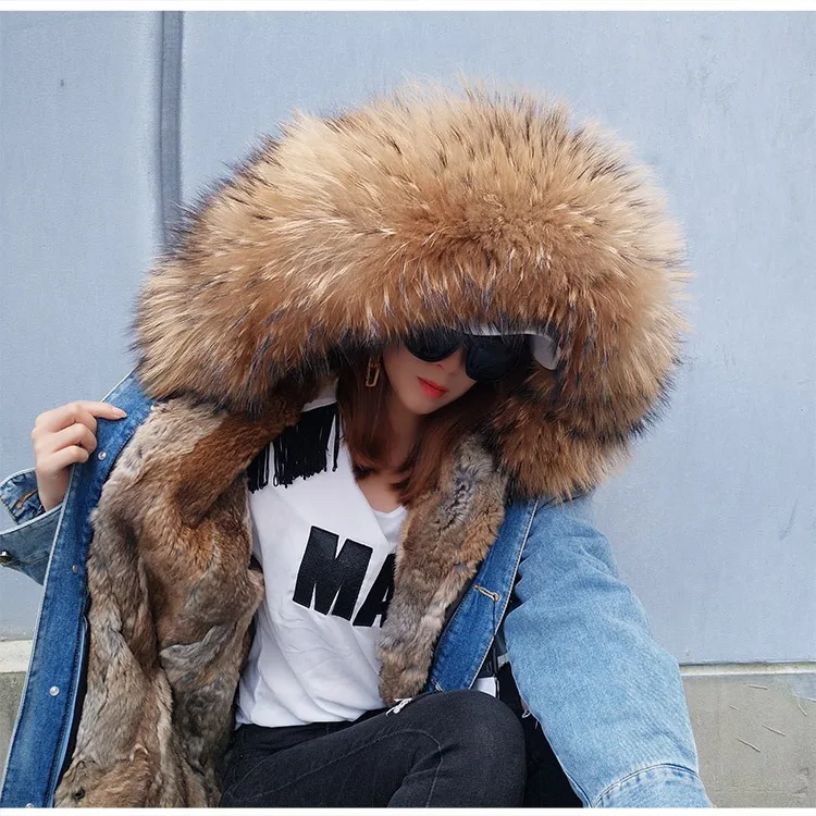2025Maomaokong Denim Jacket Parka Winter Women Parkas Real Fur Collar Coat Natural Raccoon Fur Hood Real Rabbit Fur Liner Luxury