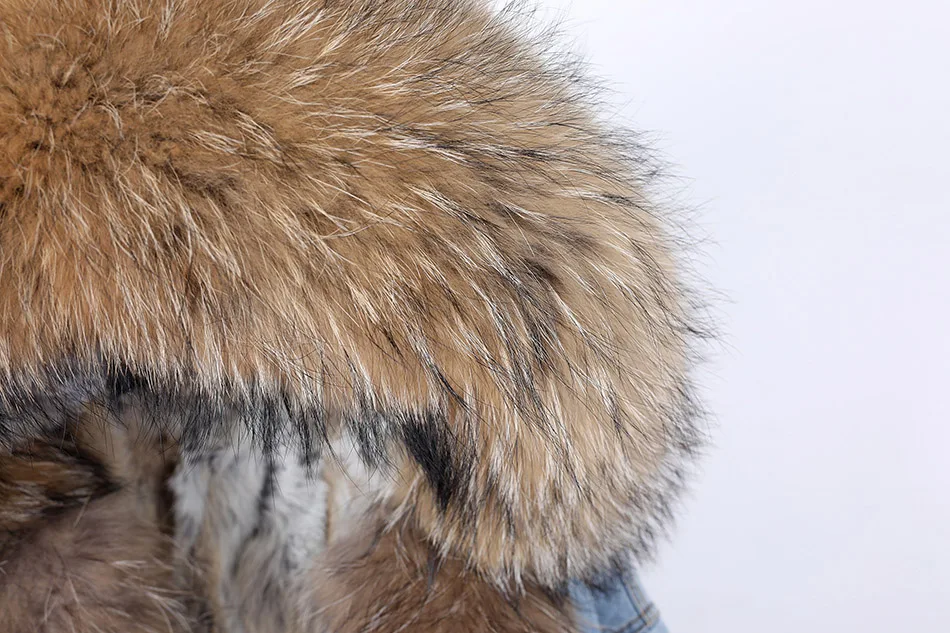 2025Maomaokong Denim Jacket Parka Winter Women Parkas Real Fur Collar Coat Natural Raccoon Fur Hood Real Rabbit Fur Liner Luxury