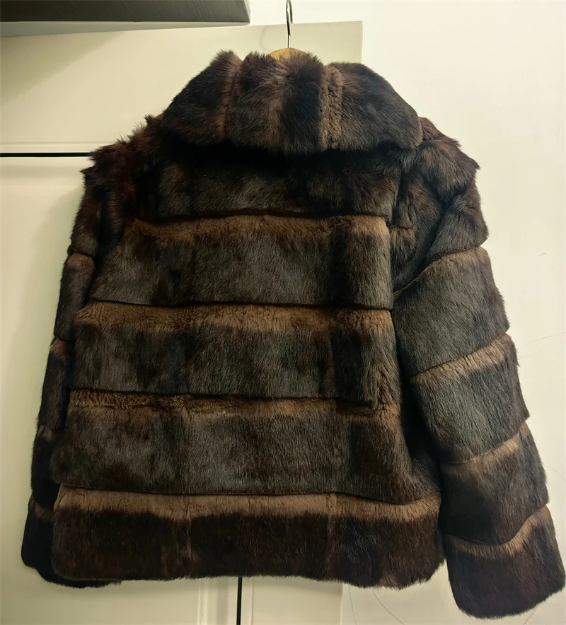 Whole Skin Real Rabbit Fur Coat for Women Autumn Winter Short Jacket Thick Warm Fashion Lapel Elegant Female Warm Outerwear