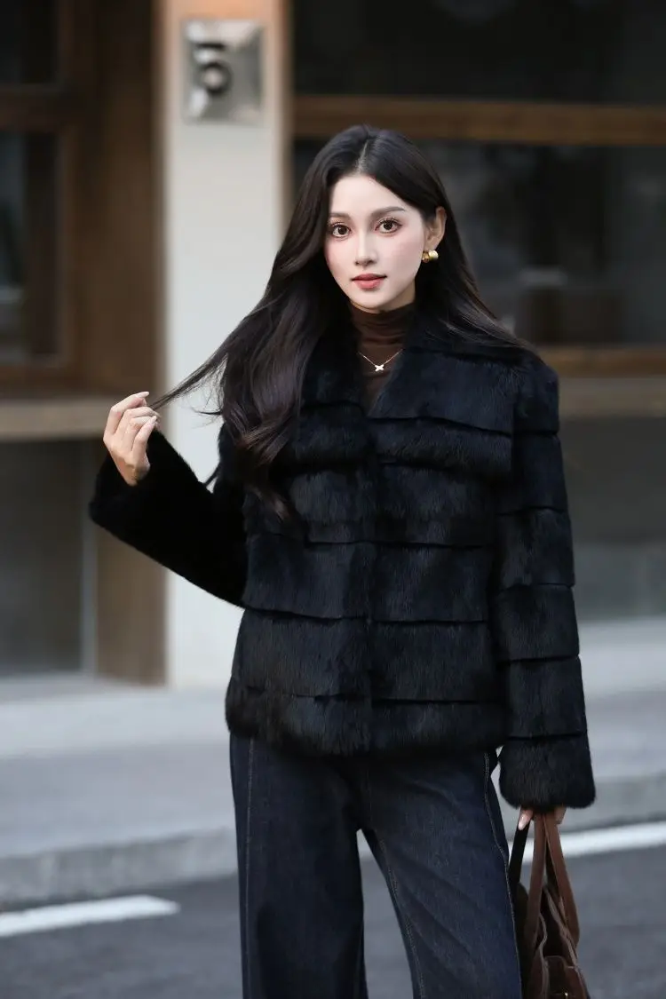 Whole Skin Real Rabbit Fur Coat for Women Autumn Winter Short Jacket Thick Warm Fashion Lapel Elegant Female Warm Outerwear