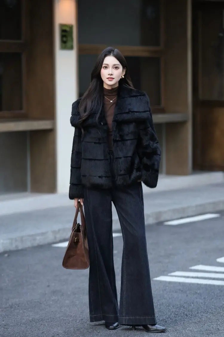 Whole Skin Real Rabbit Fur Coat for Women Autumn Winter Short Jacket Thick Warm Fashion Lapel Elegant Female Warm Outerwear