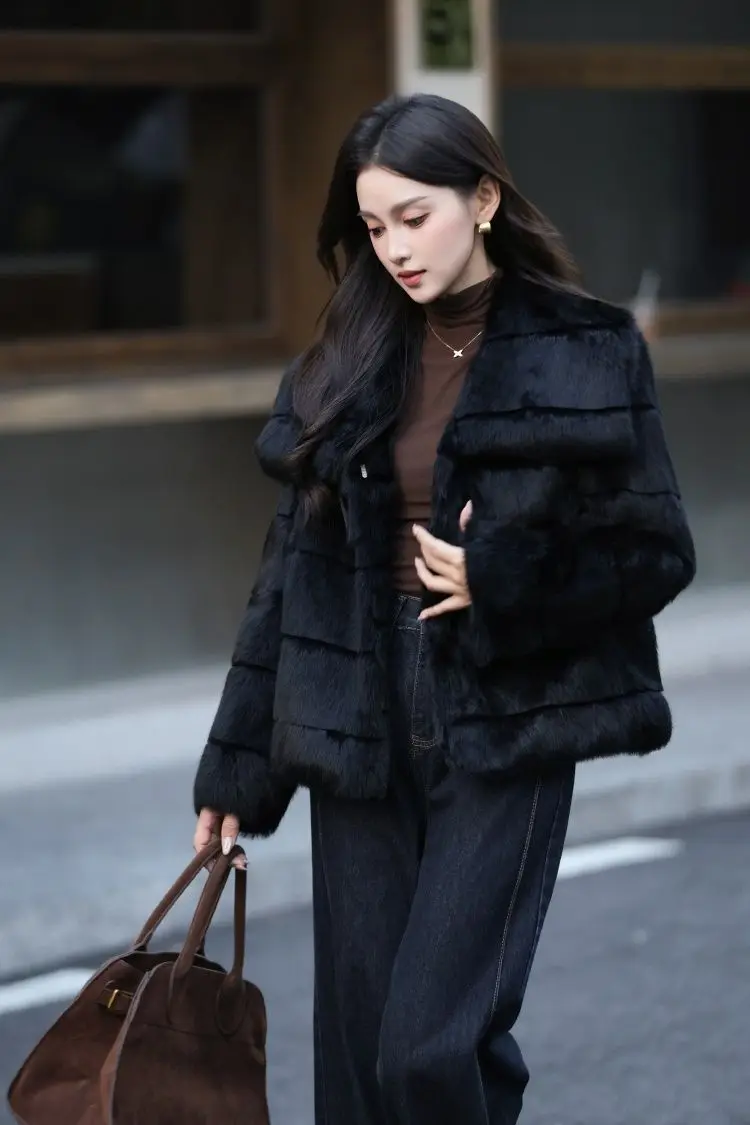 Whole Skin Real Rabbit Fur Coat for Women Autumn Winter Short Jacket Thick Warm Fashion Lapel Elegant Female Warm Outerwear