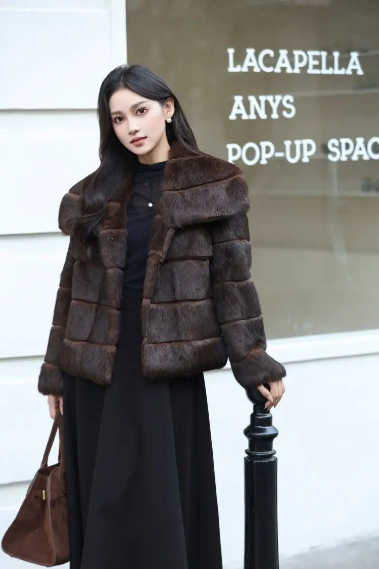 Whole Skin Real Rabbit Fur Coat for Women Autumn Winter Short Jacket Thick Warm Fashion Lapel Elegant Female Warm Outerwear