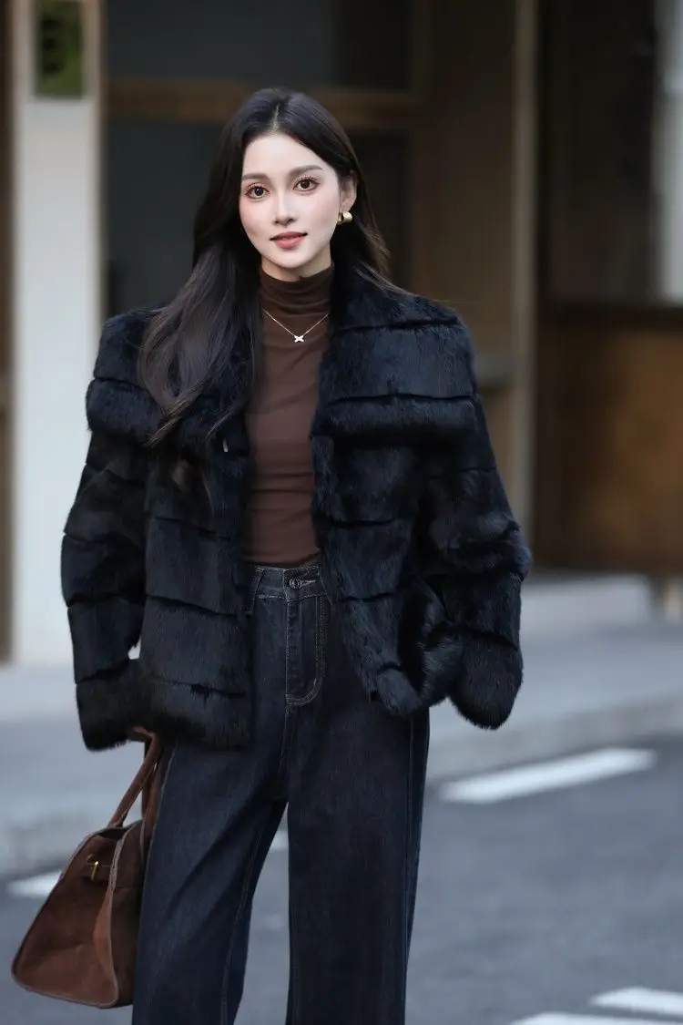 Whole Skin Real Rabbit Fur Coat for Women Autumn Winter Short Jacket Thick Warm Fashion Lapel Elegant Female Warm Outerwear