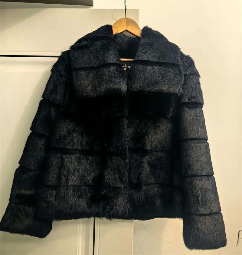 Whole Skin Real Rabbit Fur Coat for Women Autumn Winter Short Jacket Thick Warm Fashion Lapel Elegant Female Warm Outerwear