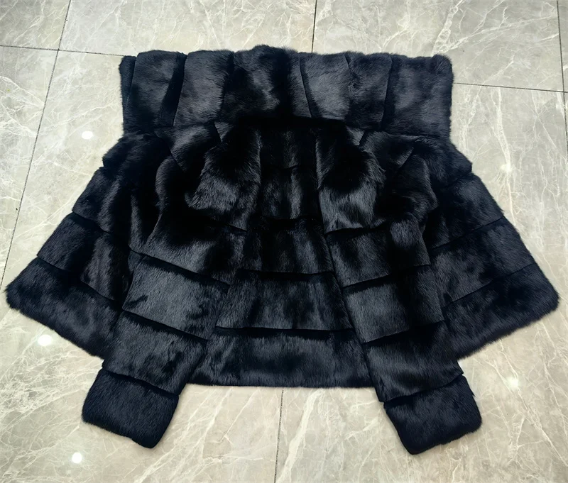 Whole Skin Real Rabbit Fur Coat for Women Autumn Winter Short Jacket Thick Warm Fashion Lapel Elegant Female Warm Outerwear