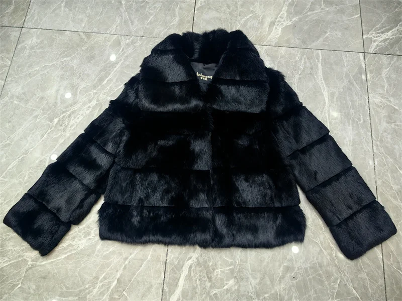 Whole Skin Real Rabbit Fur Coat for Women Autumn Winter Short Jacket Thick Warm Fashion Lapel Elegant Female Warm Outerwear