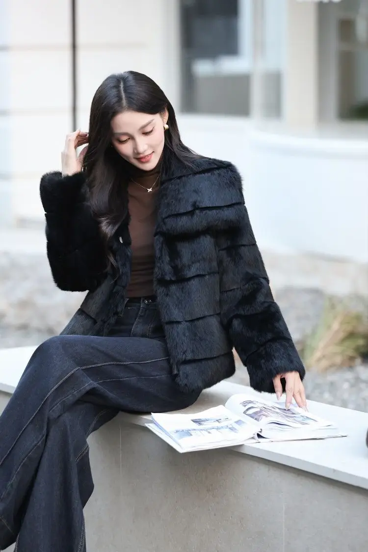 Whole Skin Real Rabbit Fur Coat for Women Autumn Winter Short Jacket Thick Warm Fashion Lapel Elegant Female Warm Outerwear