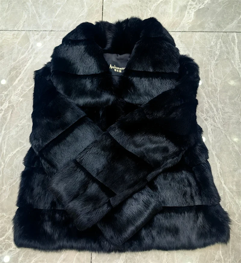 Whole Skin Real Rabbit Fur Coat for Women Autumn Winter Short Jacket Thick Warm Fashion Lapel Elegant Female Warm Outerwear