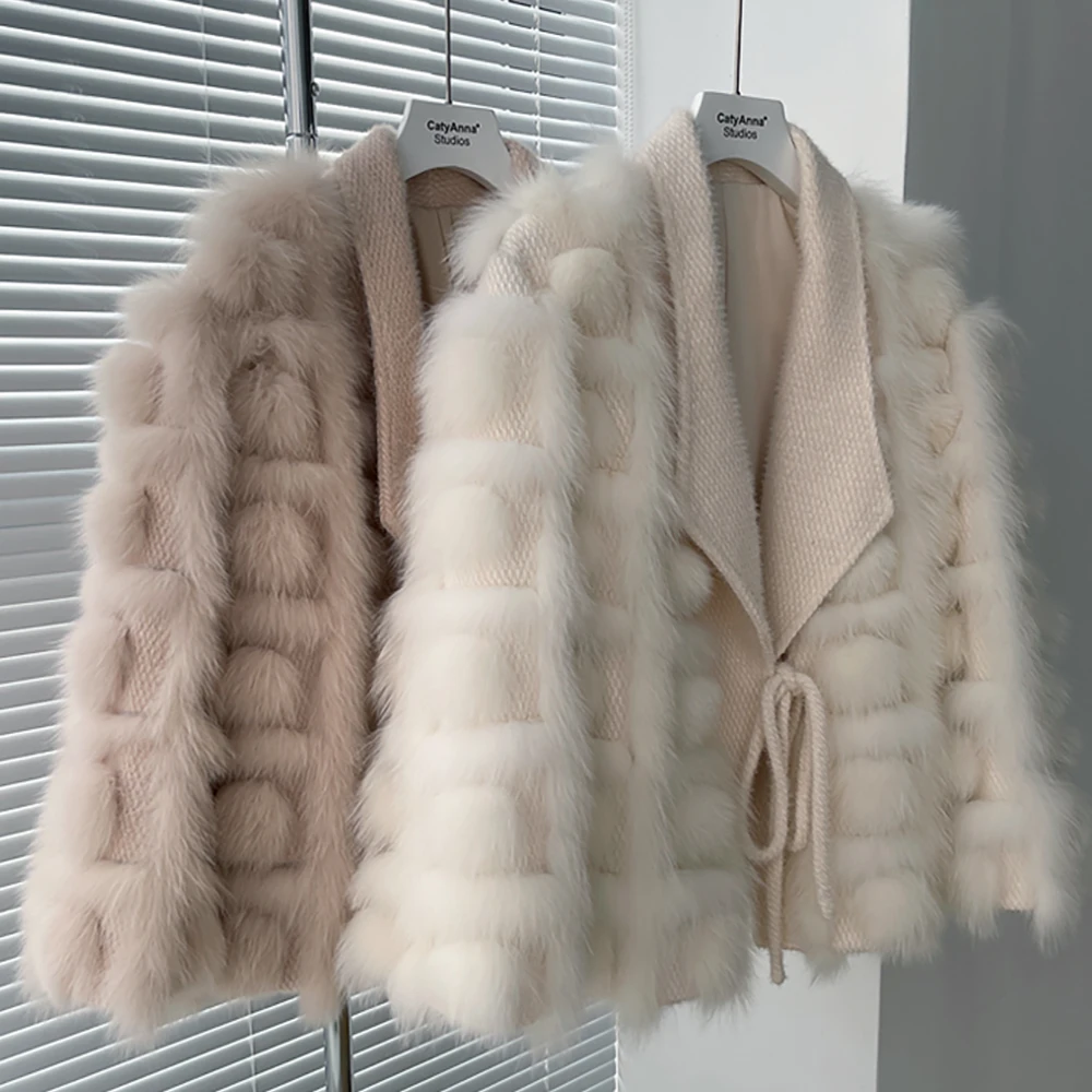 Women's Real Fox Fur Coat Knitted Cardigan Jacket 2025 Autumn Winter Thick Warm Fashion Belted