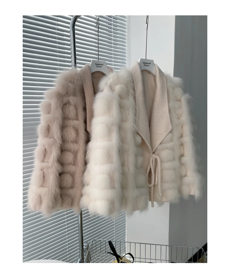 Women's Real Fox Fur Coat Knitted Cardigan Jacket 2025 Autumn Winter Thick Warm Fashion Belted