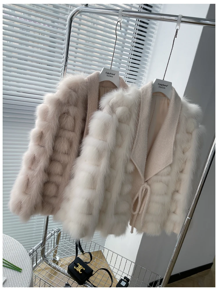 Women's Real Fox Fur Coat Knitted Cardigan Jacket 2025 Autumn Winter Thick Warm Fashion Belted