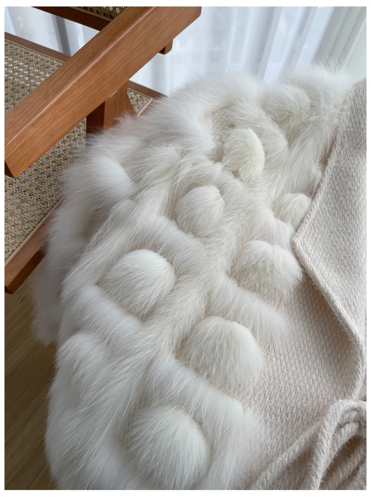 Women's Real Fox Fur Coat Knitted Cardigan Jacket 2025 Autumn Winter Thick Warm Fashion Belted
