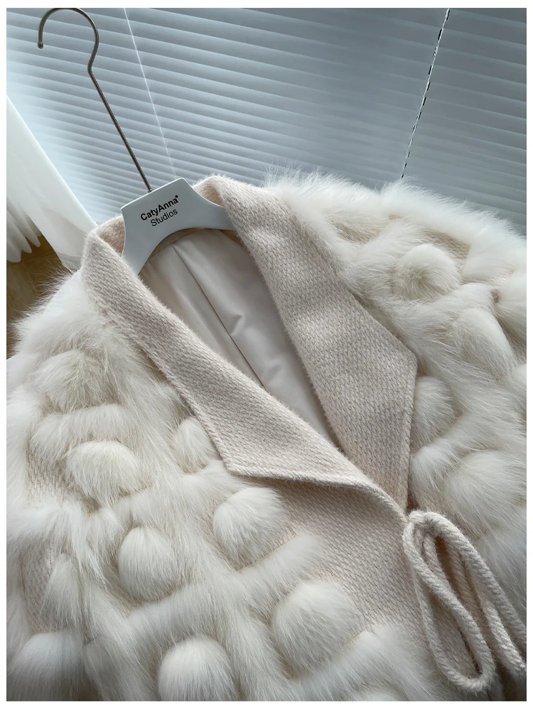 Women's Real Fox Fur Coat Knitted Cardigan Jacket 2025 Autumn Winter Thick Warm Fashion Belted