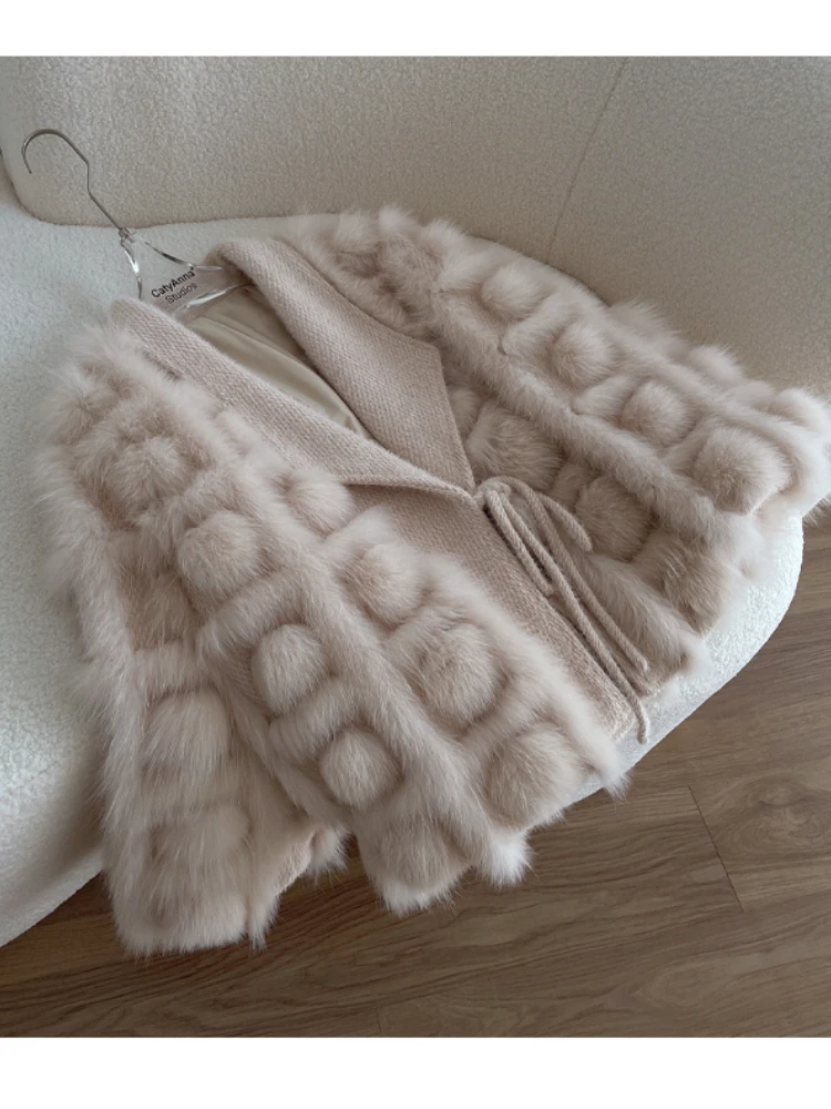 Women's Real Fox Fur Coat Knitted Cardigan Jacket 2025 Autumn Winter Thick Warm Fashion Belted