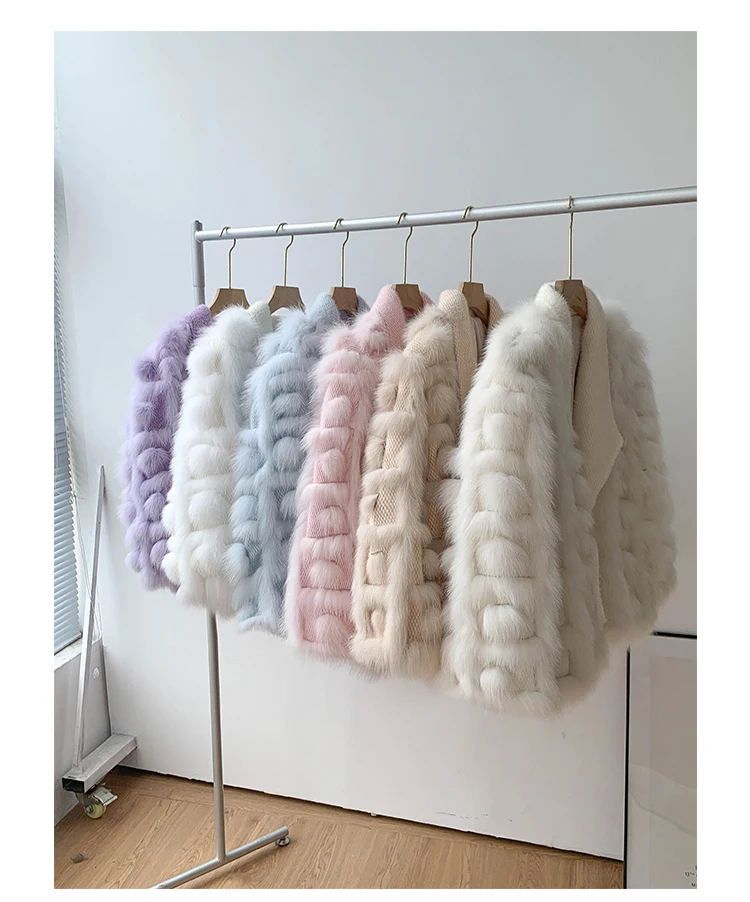 Women's Real Fox Fur Coat Knitted Cardigan Jacket 2025 Autumn Winter Thick Warm Fashion Belted
