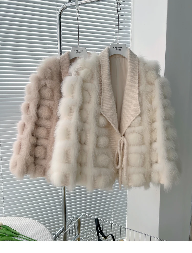 Women's Real Fox Fur Coat Knitted Cardigan Jacket 2025 Autumn Winter Thick Warm Fashion Belted