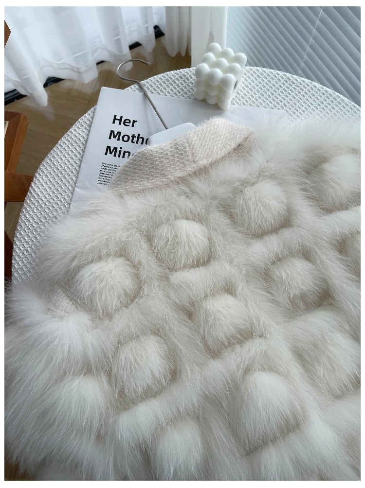 Women's Real Fox Fur Coat Knitted Cardigan Jacket 2025 Autumn Winter Thick Warm Fashion Belted