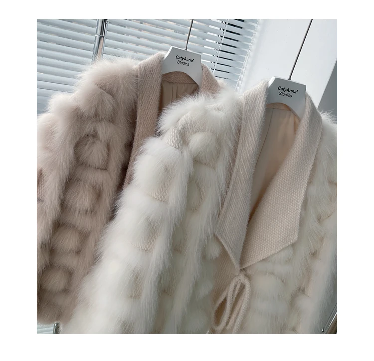 Women's Real Fox Fur Coat Knitted Cardigan Jacket 2025 Autumn Winter Thick Warm Fashion Belted