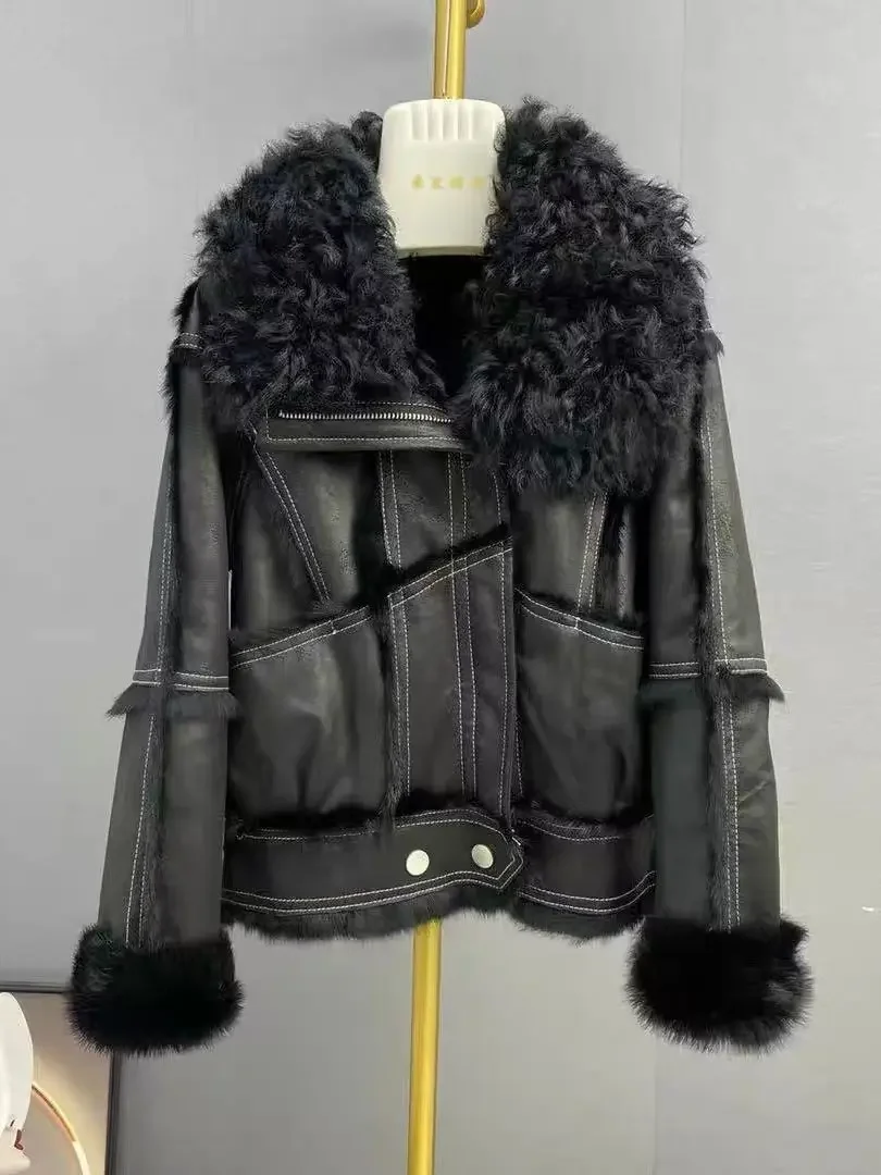 Real Rex rabbit fur Coats With Genuine Sheepskin Leather Wholeskin Natural rabbit fur Jacket Outwear Luxury Women Winter New