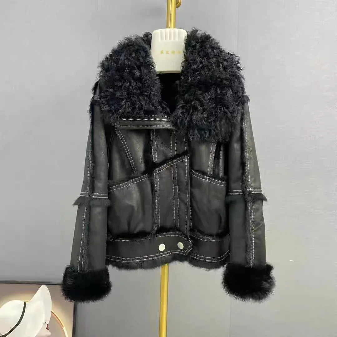 Real Rex rabbit fur Coats With Genuine Sheepskin Leather Wholeskin Natural rabbit fur Jacket Outwear Luxury Women Winter New