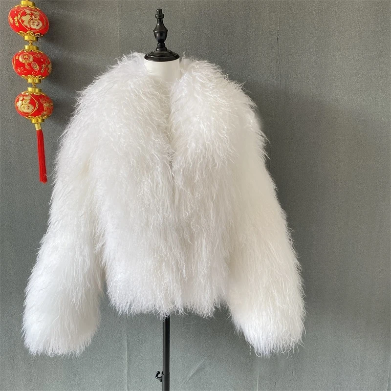 Mongolian Fur Coats Fur Lapel Jacket Women Elegant White Fluffy Solid Thicken Warm Long Sleeves Coats Winter Chic Oversize Lady