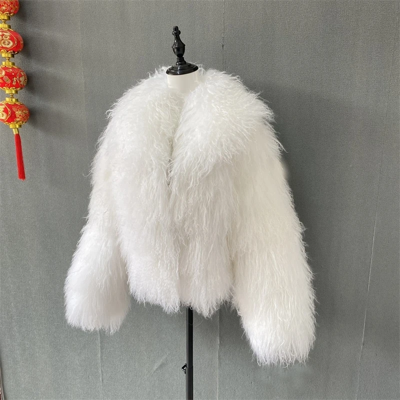 Mongolian Fur Coats Fur Lapel Jacket Women Elegant White Fluffy Solid Thicken Warm Long Sleeves Coats Winter Chic Oversize Lady