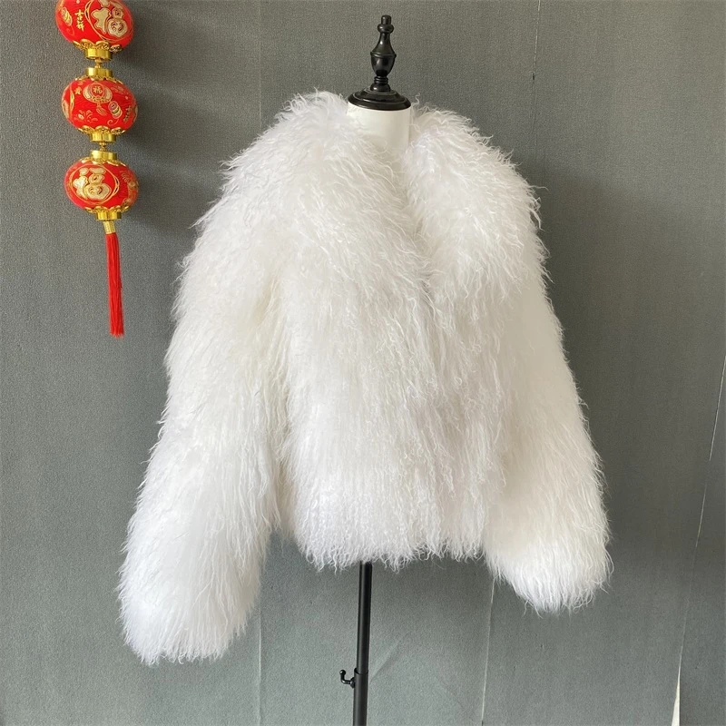 Mongolian Fur Coats Fur Lapel Jacket Women Elegant White Fluffy Solid Thicken Warm Long Sleeves Coats Winter Chic Oversize Lady