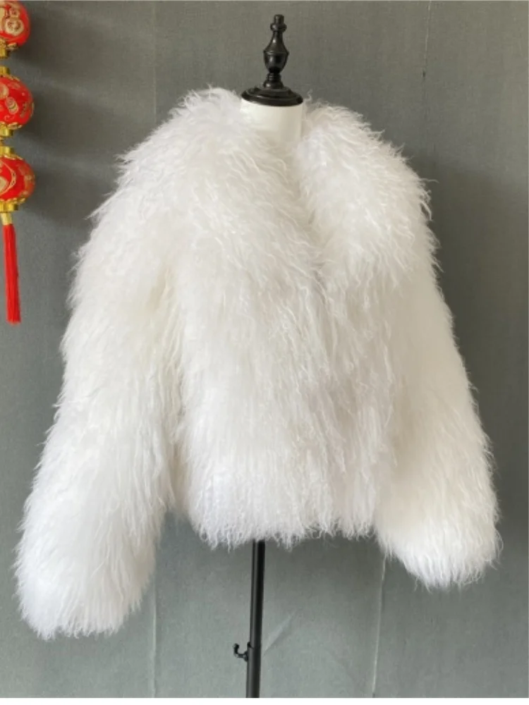 Mongolian Fur Coats Fur Lapel Jacket Women Elegant White Fluffy Solid Thicken Warm Long Sleeves Coats Winter Chic Oversize Lady