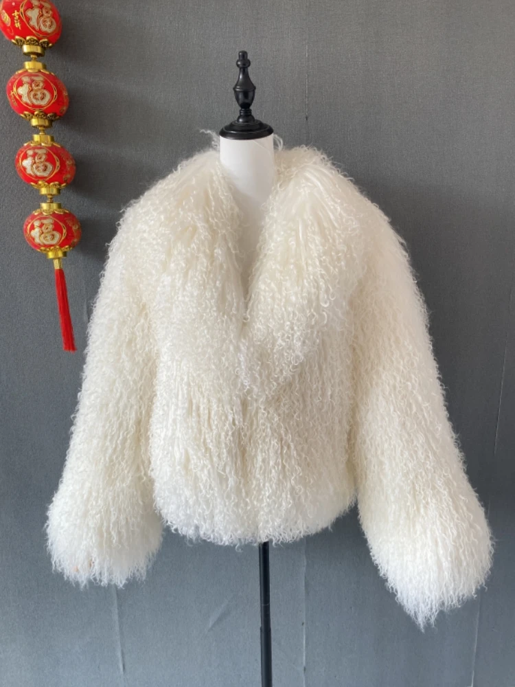 Mongolian Fur Coats Fur Lapel Jacket Women Elegant White Fluffy Solid Thicken Warm Long Sleeves Coats Winter Chic Oversize Lady