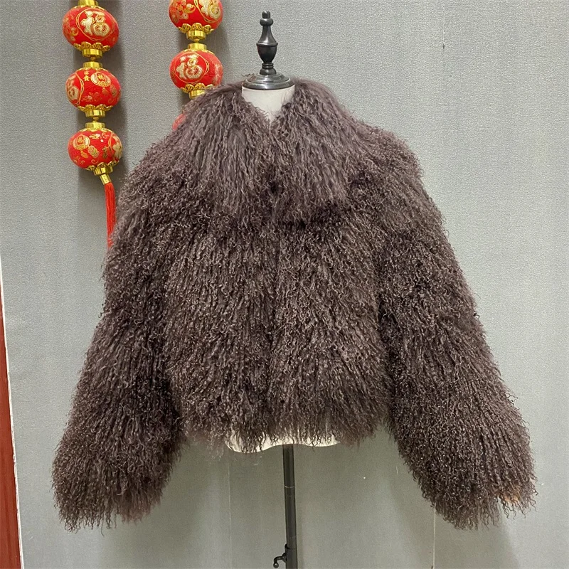 Sai Deng Qiu Li Winter Polychrome Warm Stand Collar Real Mongolia Sheep Fur Jacket Coat Women