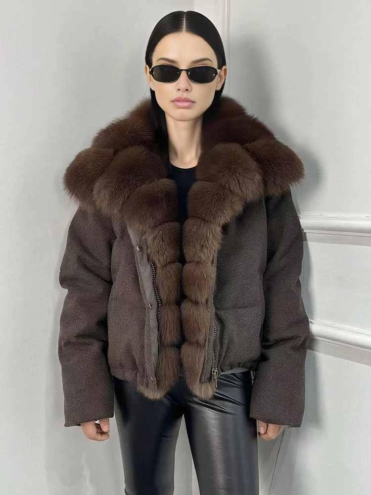 2026 Luxury Winter 90% White Duck Down Wool Blends Jacket Women Real Natural Huge Fox Fur Thickened Warm Puffer Wool Down Coat