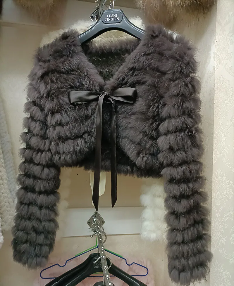 2023 Autumn Real Rabbit Fur Knitted Coat Long Sleeve V-neck Casuall Genuine Fur Outwear Open Stitch Matching Dresses Fall Coat