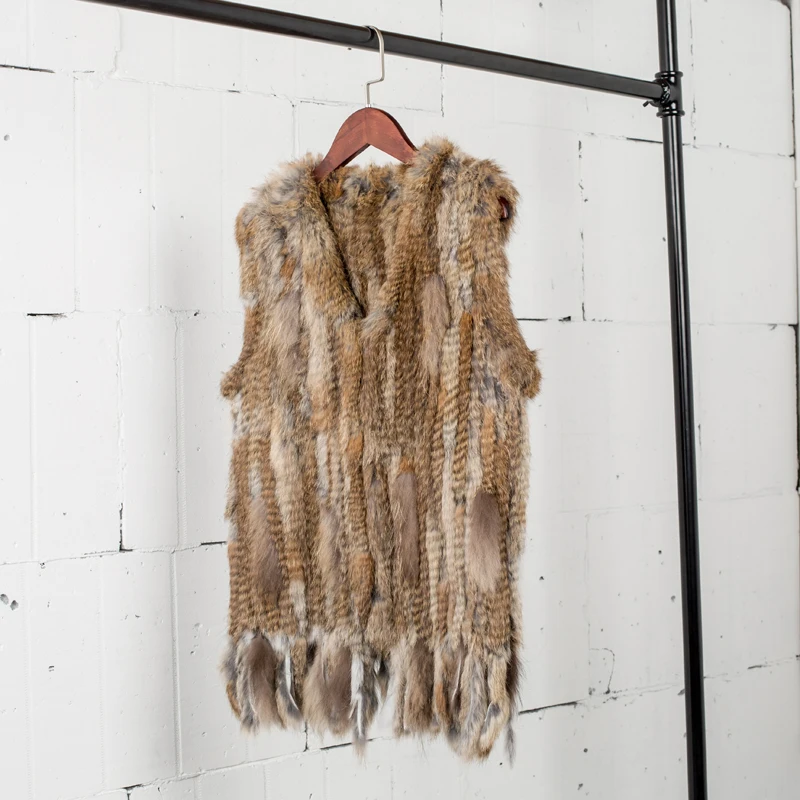PUDI Women Knitted Handmade Real Rabbit Fur Vest Gilet Sleeveless Garment Waistcoat Female Natural Fur Coat Jacket VR031