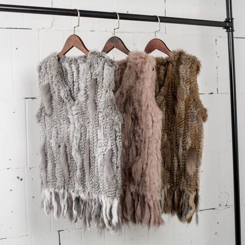 PUDI Women Knitted Handmade Real Rabbit Fur Vest Gilet Sleeveless Garment Waistcoat Female Natural Fur Coat Jacket VR031