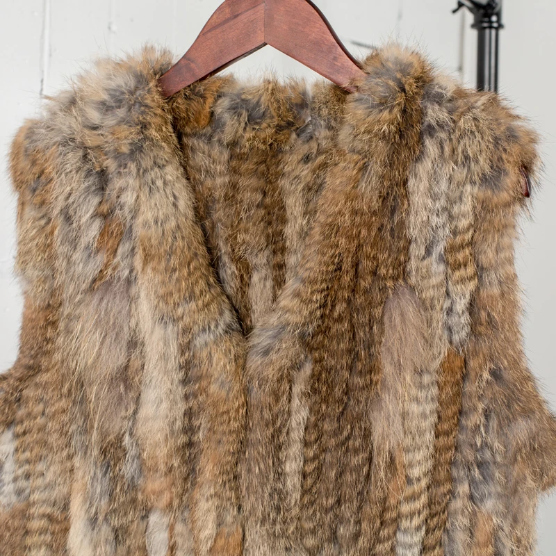 PUDI Women Knitted Handmade Real Rabbit Fur Vest Gilet Sleeveless Garment Waistcoat Female Natural Fur Coat Jacket VR031