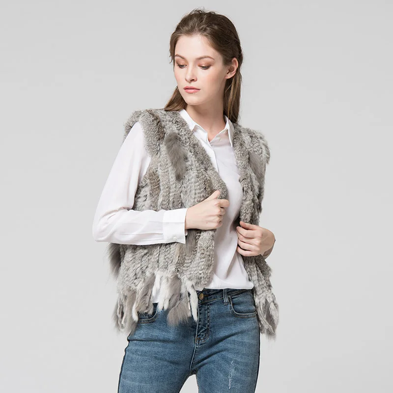 PUDI Women Knitted Handmade Real Rabbit Fur Vest Gilet Sleeveless Garment Waistcoat Female Natural Fur Coat Jacket VR031