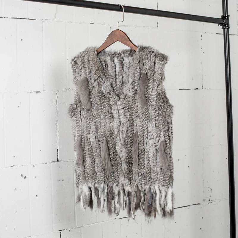 PUDI Women Knitted Handmade Real Rabbit Fur Vest Gilet Sleeveless Garment Waistcoat Female Natural Fur Coat Jacket VR031