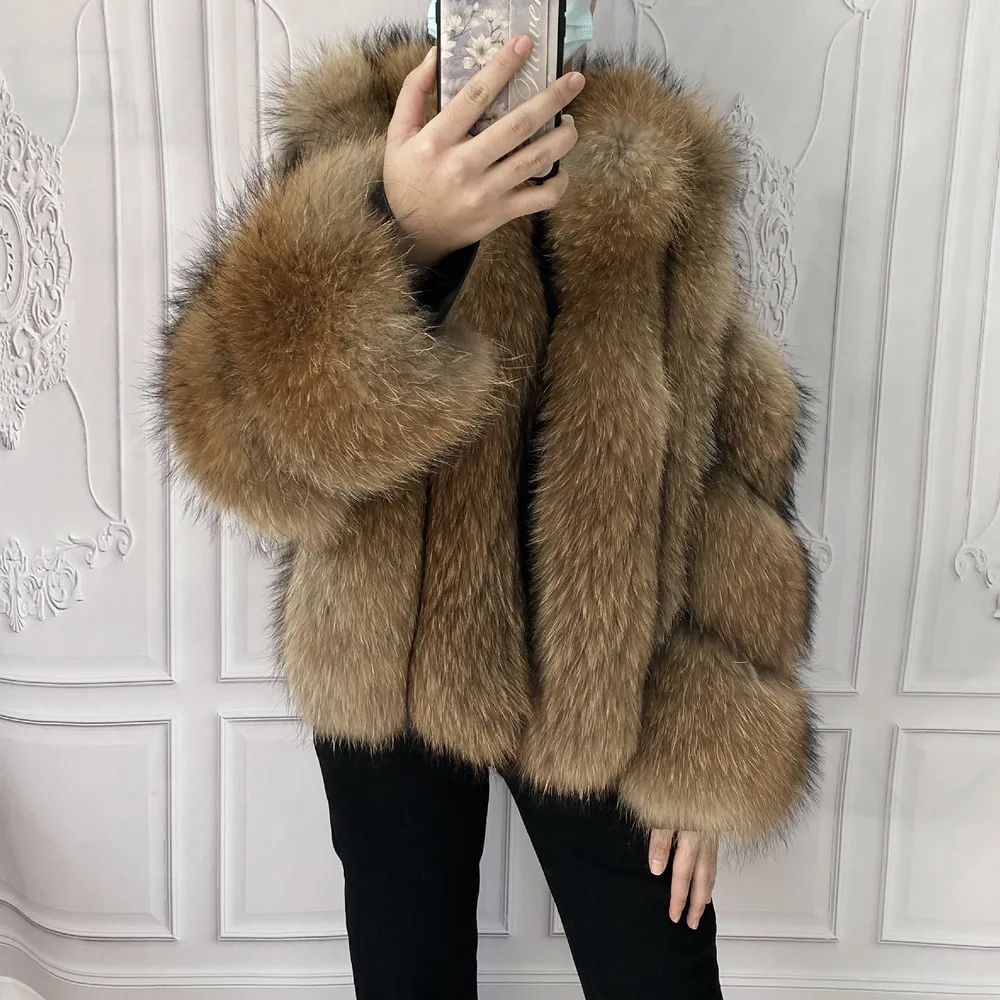 Fox Fur Racoon Coat for Ladies, Short Fur Coat, Slim and Collar, Warm Jacket, Outwear for Female, Luxury, New, Winter
