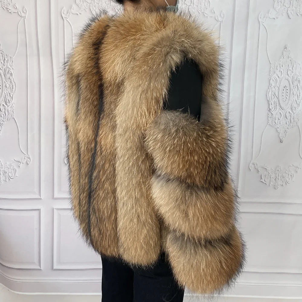 Fox Fur Racoon Coat for Ladies, Short Fur Coat, Slim and Collar, Warm Jacket, Outwear for Female, Luxury, New, Winter